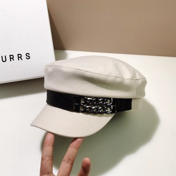White Women's Beret Hat w/‎ Chain Decorated Peaked Cap Newspaper Hat Vintage - Picture 7 of 10